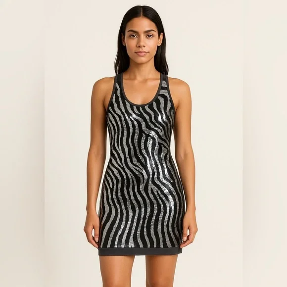Silver and Black Sequin Medium Body-con Mini Dress - Picture 1 of 3